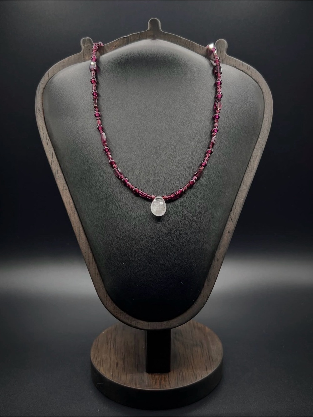 Handcrafted Garnet Bead Necklace with Clear Teardrop Pendant